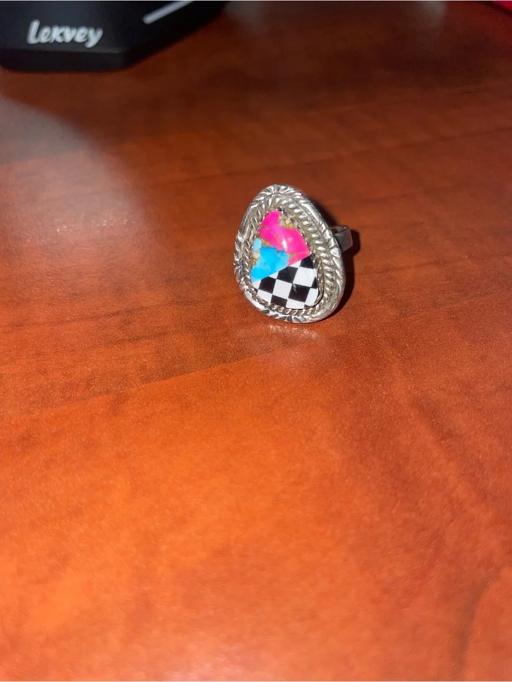 Silver stamped size 5.5 Teardrop Inlay Ring with Pink and Blue Accents